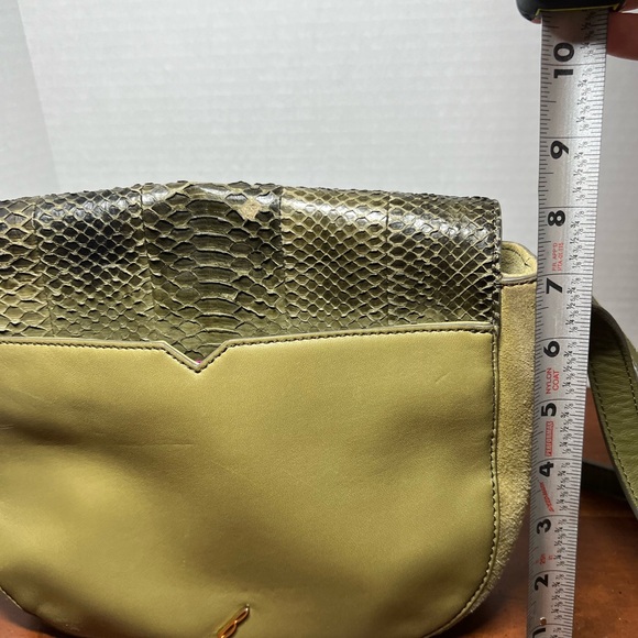 Brian Atwood Snakeskin Saddle crossbody Purse made w/ goat&lamb Green 10”x8” - Picture 15 of 16
